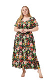 Plus Size Women Summer V Neck Short Sleeve Printed Bohemian Dress