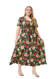 Plus Size Women Summer V Neck Short Sleeve Printed Bohemian Dress