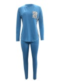 Women Leopard Patchwork Casual Round Neck Top and Pants Two-piece Set