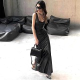 Women Summer U-Neck Solid Slit Sleeveless Dress