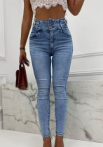 Women Pearl Button High Waist Denim Pants Women Pearl Button High Waist Denim Pants
