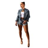 Women Denim Embroidered Cross Stretch Top and Shorts Two-piece Set