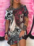 Women Sexy Slash Shoulder Skull Print Short Sleeve Dress