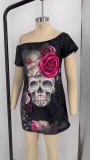 Women Sexy Slash Shoulder Skull Print Short Sleeve Dress