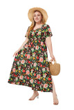 Plus Size Women Summer V Neck Short Sleeve Printed Bohemian Dress