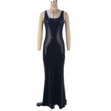 Women Summer U-Neck Solid Slit Sleeveless Dress