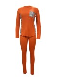 Women Leopard Patchwork Casual Round Neck Top and Pants Two-piece Set