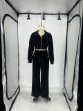 Women's Autumn And Winter Velvet Elastic Waist Zipper Jacket Pocket Trousers Suit