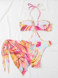 Printed one piece swimwear mesh skirt two piece swimsuit