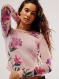 spring and summer Floral printed long-sleeved mesh Top