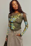 spring and summer Floral printed long-sleeved mesh Top