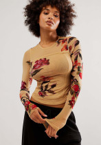 spring and summer Floral printed long-sleeved mesh Top