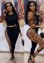 Sexy Printed Patchwork Contrast Slim Fit Long Sleeve Two-Piece pants Set