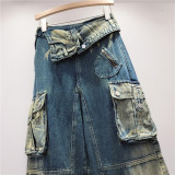 spring Trendy High Waist Style Pocket Cargo Denim Straight Pants Women's Loose Slim Fit Wide Leg trousers