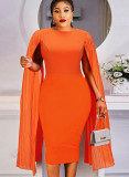 Spring Chic Round Neck Patchwork Pleated Sleeve Bodycon Pencil dress