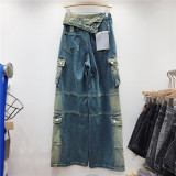 spring Trendy High Waist Style Pocket Cargo Denim Straight Pants Women's Loose Slim Fit Wide Leg trousers