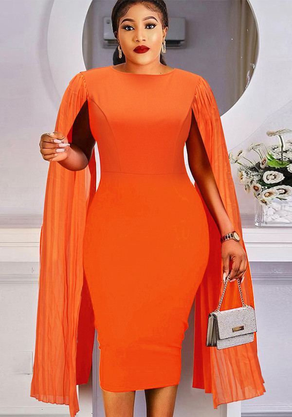 Spring Chic Round Neck Patchwork Pleated Sleeve Bodycon Pencil dress