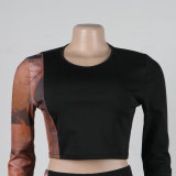 Sexy Printed Patchwork Contrast Slim Fit Long Sleeve Two-Piece pants Set
