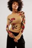 spring and summer Floral printed long-sleeved mesh Top