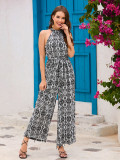 Boho Casual Halter Neck Slim Waist Wide Leg Jumpsuit