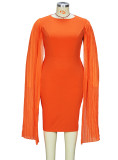 Spring Chic Round Neck Patchwork Pleated Sleeve Bodycon Pencil dress