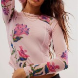spring and summer Floral printed long-sleeved mesh Top