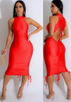 Women's Fashion Solid Color Sexy Sleeveless Low Back Pleated Drawstring Bodycon Dress Women's Fashion Solid Color Sexy Sleeveless Low Back Pleated Drawstring Bodycon Dress