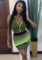 Women's Digital Positioning Striped Print Sleeveless Two Piece Skirt Set Women's Digital Positioning Striped Print Sleeveless Two Piece Skirt Set