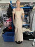Women Elegant Beaded Off-Shoulder High-Waist Slit Bodycon Dress