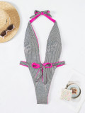 Sexy Shiny String Bow Tie Halter Neck One-Piece Women's Swimsuit