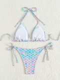 Sexy Bikini Mermaid Print Two Pieces Swimsuit Women's Halter Neck Beach Wear
