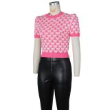 Women Spring/Summer knitting Heart Print Short Sleeve T-Shirt