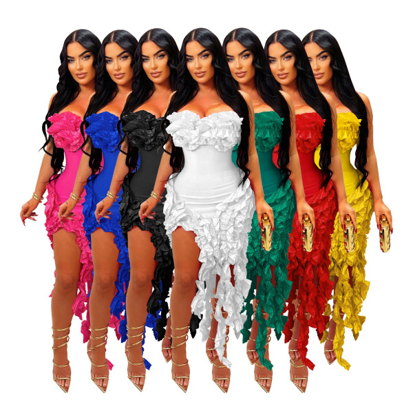 Women's Summer Sexy Strapless Ruffle Tassel Dress