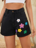 Women Colorful Floral Print Casual Black Denim Shorts