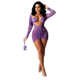 Women sexy mesh print Lace Up dres