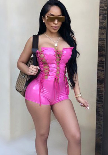 Women Sexy Strapless Lace-Up PU-Leather Jumpsuit
