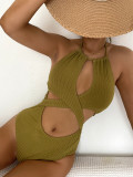 Women Solid One-piece Cross Strap Bikini Sexy Halter Neck Swimsuit