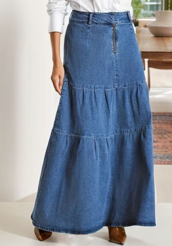 Women Spring and Summer Vintage Pastoral Casual Cake Denim Maxi Dress