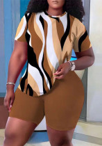 Women Casual Trendy Printed Short Sleeve Top and Solid Shorts Two-piece Set