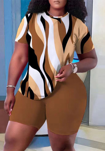 Women Casual Trendy Printed Short Sleeve Top and Solid Shorts Two-piece Set