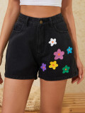 Women Colorful Floral Print Casual Black Denim Shorts