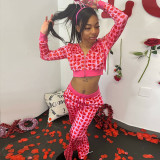 Women Sexy Hooded Printed Zipper Crop Top and Pants Two-piece Set