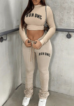 Women Letter Print Long Sleeve Round Neck Top and Pants Two-piece Set