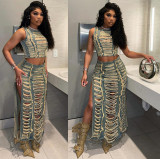 Women Trend Style Frayed Tank Top and Slit Skirt Denim Two-piece Set