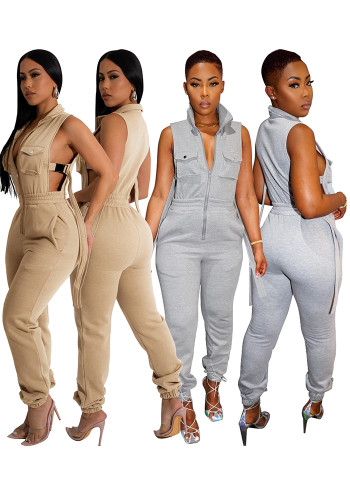 Women spring and summer zippered sleeveless fleece Cargo Jumpsuit