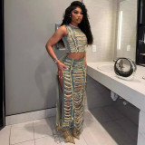 Women Trend Style Frayed Tank Top and Slit Skirt Denim Two-piece Set