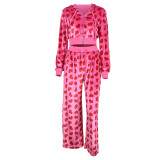 Women Sexy Hooded Printed Zipper Crop Top and Pants Two-piece Set