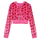 Women Sexy Hooded Printed Zipper Crop Top and Pants Two-piece Set