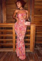 Women Strapless Printed Lace-Up Sexy Backless Dress Women Strapless Printed Lace-Up Sexy Backless Dress