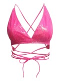 Women Summer Sexy Hot Backless Lace-Up Sequin Bikini Top